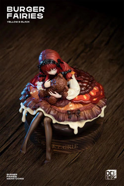 The Sleeping Beauty-Burger Fairies-Black figurine of a girl holding a teddy bear, preorder for Q1 2025, limited edition resin with wooden base.