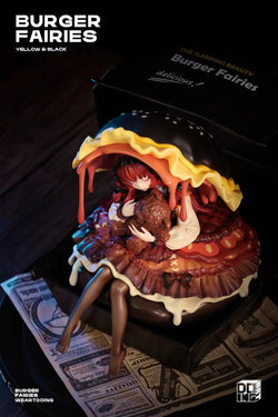 The Sleeping Beauty-Burger Fairies-Black toy figure of a girl sitting in a burger, preorder limited edition resin collectible with wooden base.