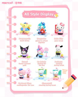 Sanrio characters Star Academy Series Mini Blind Box Pro featuring toy figurines, including a yellow bear and a girl, part of a collectible set.