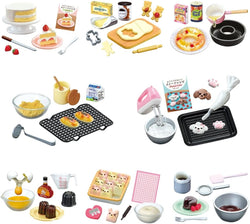 Petit Sample-Sweets Recipes Re-ment Blind Box Series features a collage of miniature toy sweets, including bowls of various foods and a bottle, perfectly capturing culinary creativity.