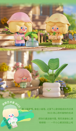 A RiCO Happy Room Tour Blind Box Series toy collection featuring toy girls, plants, and cartoon characters on a lawn. Includes 5 regular, 5 alternate, 4 surprise, and 2 secret designs.