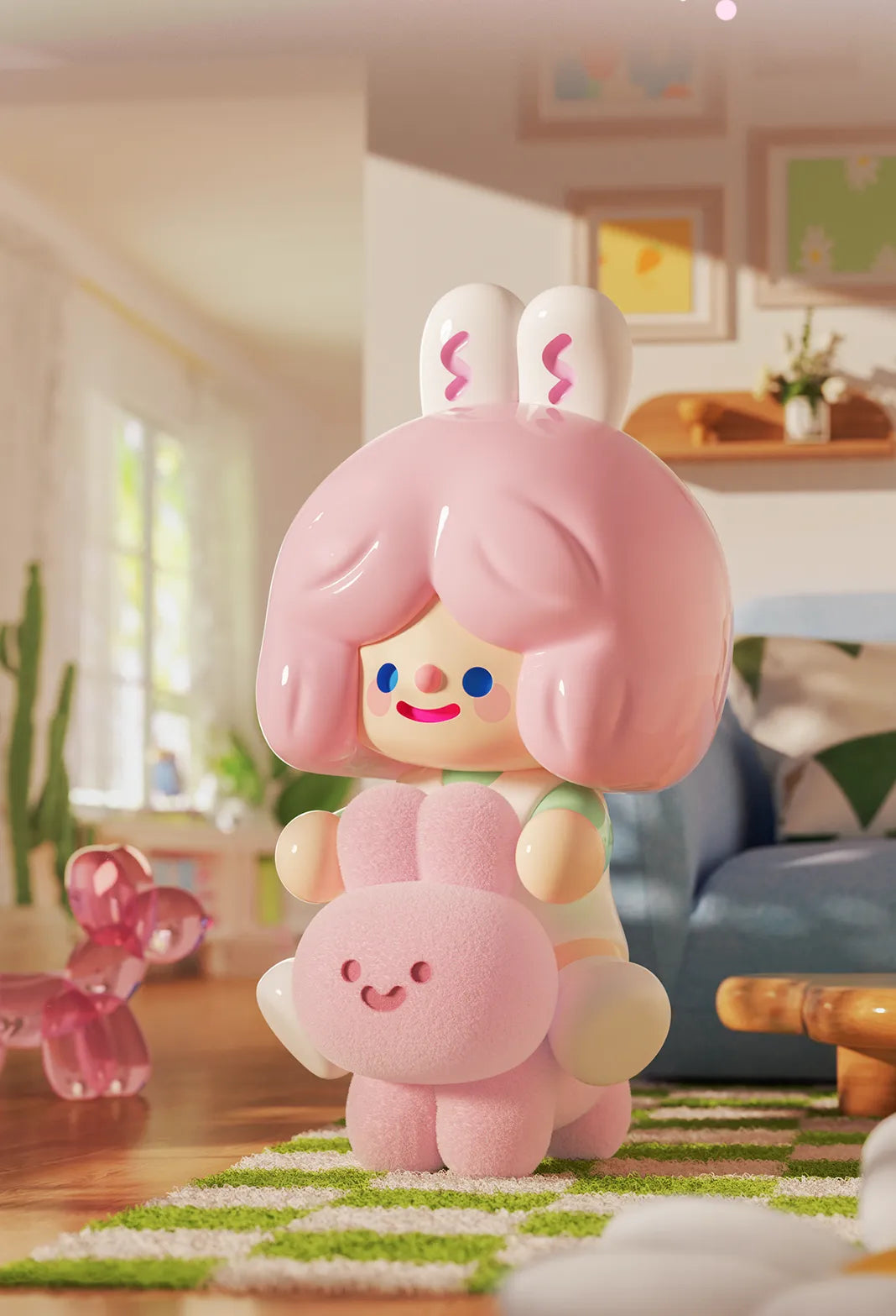 A RiCO Happy Room Tour Blind Box Series featuring toy figurines of a girl with a pink rabbit, pink balloon dog, and more surprises. Available at Strangecat Toys.