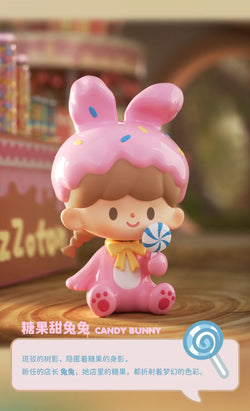 A toy girl with a pink bunny garment holds a lollipop in the zZoton Naughty Animal City Blind Box Series by Strangecat Toys. Includes 9 regular designs, 4 Classical, and 1 secret design.