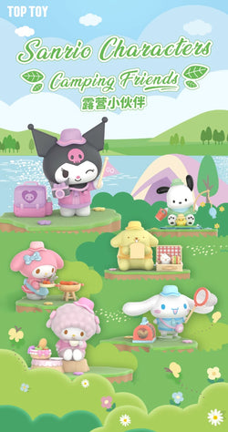 Cartoon characters from Sanrio Characters Camping Partner Blind Box Series, including a rabbit, girl, and more in various poses.