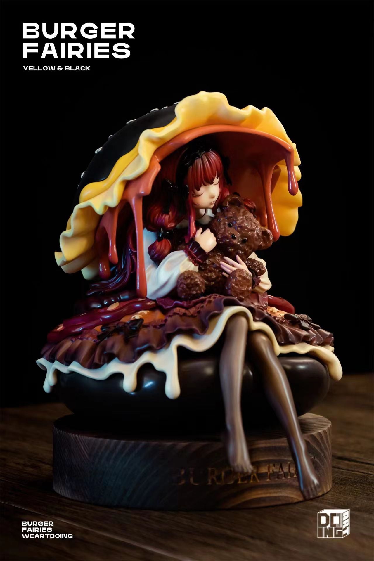 The Sleeping Beauty-Burger Fairies-Black: A resin statue of a girl holding a teddy bear, preorder for Q1 2025. Limited edition with wooden base.