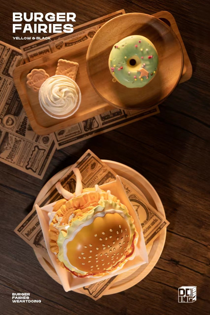 The Sleeping Beauty-Burger Fairies-Yellow: A resin model of a burger with a donut on a wooden tray, limited edition, preorder for Q1 2025.