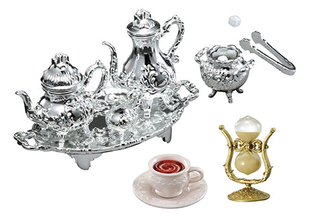 My Secret Tea Time Re-ment Blind Box Series features a silver tea set with teapots and cups, part of a collectible art toy collection.