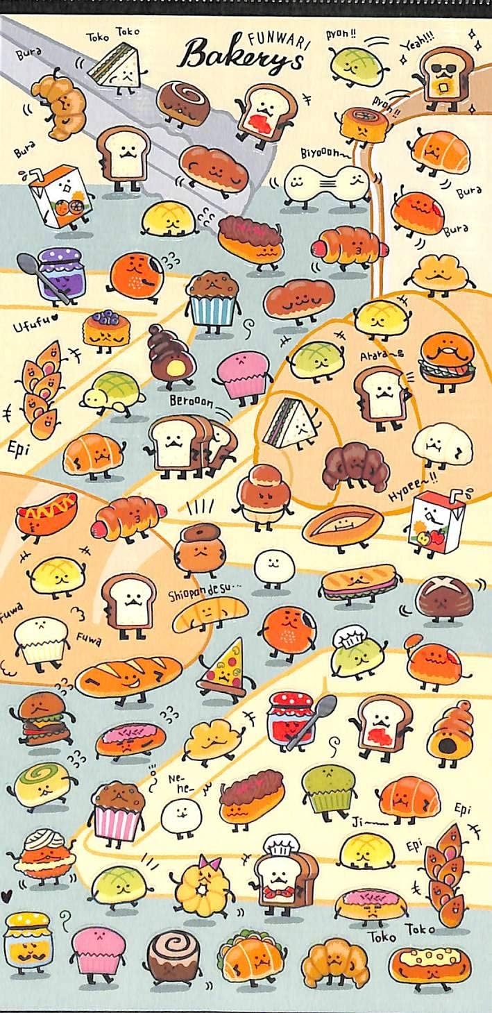 Petit petit fluffy bakeries Sticker Sheet featuring cartoon croissant, cupcake, and bread with jam, ideal for collectors of playful, artistic designs.