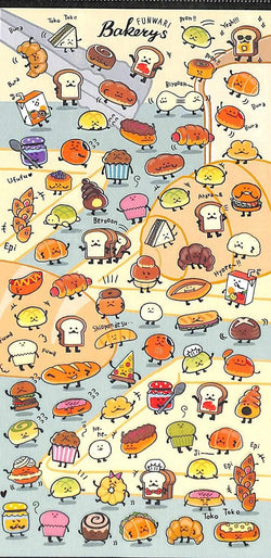 Petit petit fluffy bakeries Sticker Sheet featuring cartoon croissant, cupcake, and bread with jam, ideal for collectors of playful, artistic designs.