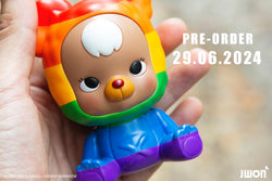 A hand holding Jrbo Rainbow Edition by JWON, a 10cm resin toy available for preorder, shipping July 2024.