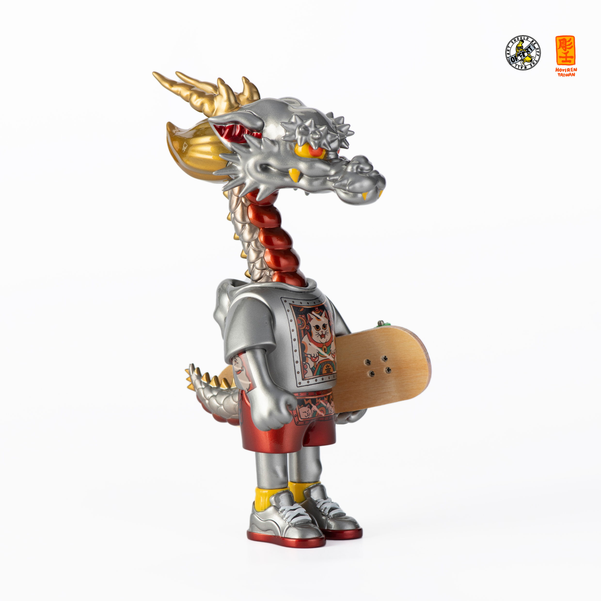 A blind box and art toy store's product: OFFART X Horiren Like A Dragon Meow Type Mecha - a toy dragon skateboarder figurine in vinyl, embodying extreme sports passion.