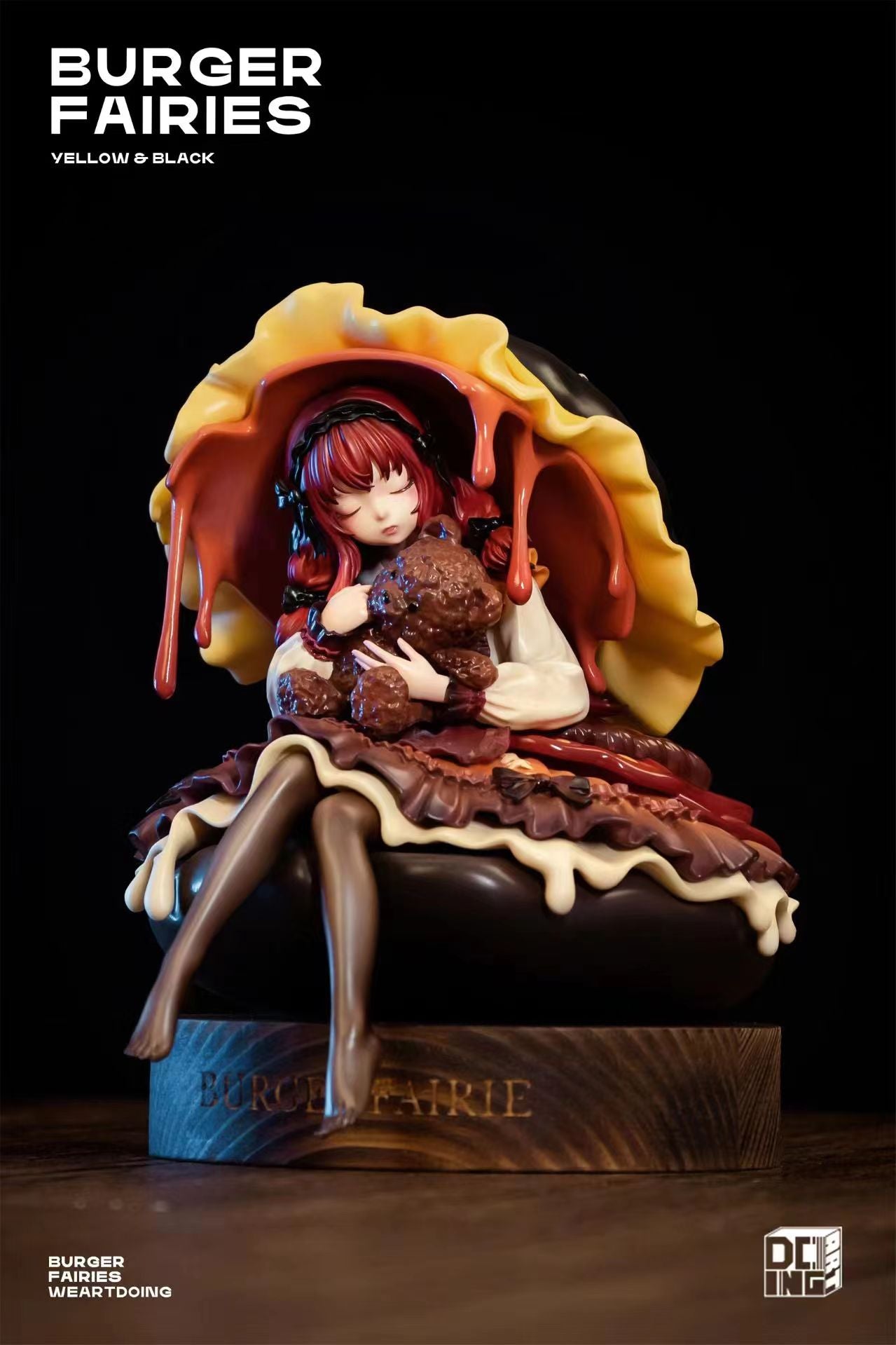 The Sleeping Beauty-Burger Fairies-Black statue of a girl holding a teddy bear, preorder, resin, limited edition with wooden base.