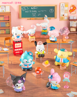 Sanrio characters Star Academy Series Mini Blind Box Pro features cartoon toys in a classroom setting, including a girl figurine, toy bear, and skateboard figure.