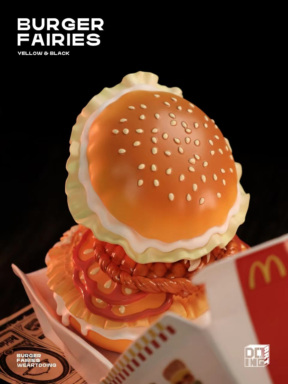 The Sleeping Beauty-Burger Fairies-Yellow sculpture, featuring a detailed resin burger with fairies, preorder for 2025, limited edition with wooden and burger box base options.