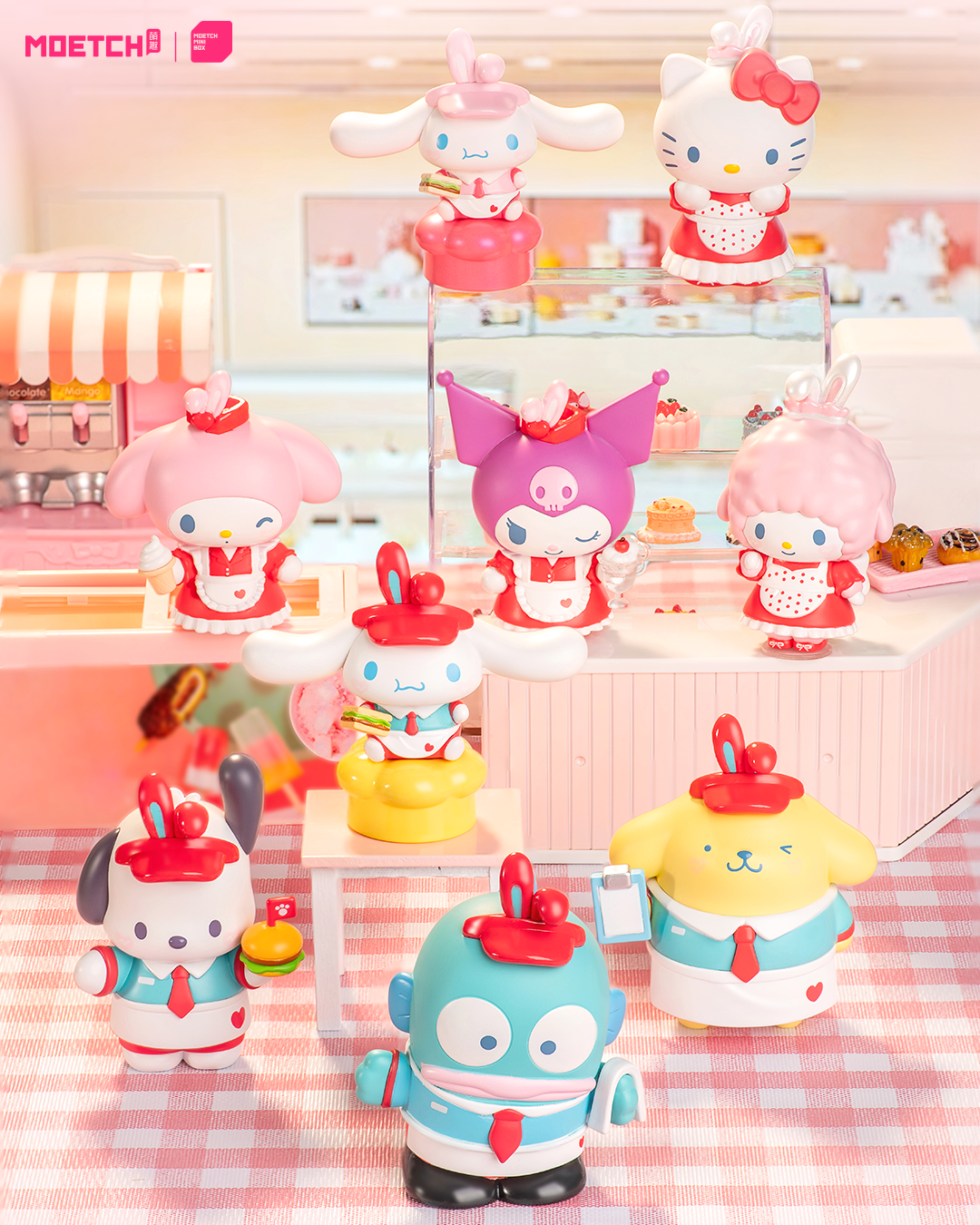 Sanrio characters 24-Hour Restaurant Series Mini Blind Box Max featuring toy figurines, including a cartoon character holding a burger and a girl with an ice cream cone.