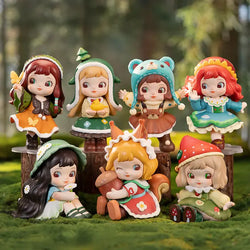 XAXX Robotime Rolife Charline Forest's Children Blind Box featuring various surprise figurine dolls on grass, including a girl hugging a nut and a secret squirrel edition.