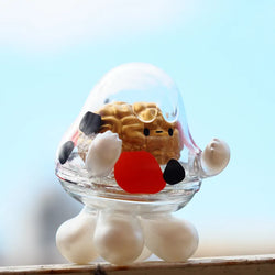 A small vinyl toy, Taxi ROBO Tooth, 10 cm tall, enclosed in a clear dome. Close-ups show intricate details like a red circle on glass. From Strangecat Toys, a blind box and art toy store.