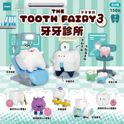 Tooth fairy Series 3 Blind Box featuring a variety of whimsical tooth-themed toys, including a tooth model with a stethoscope and a cartoon tooth on a chair.