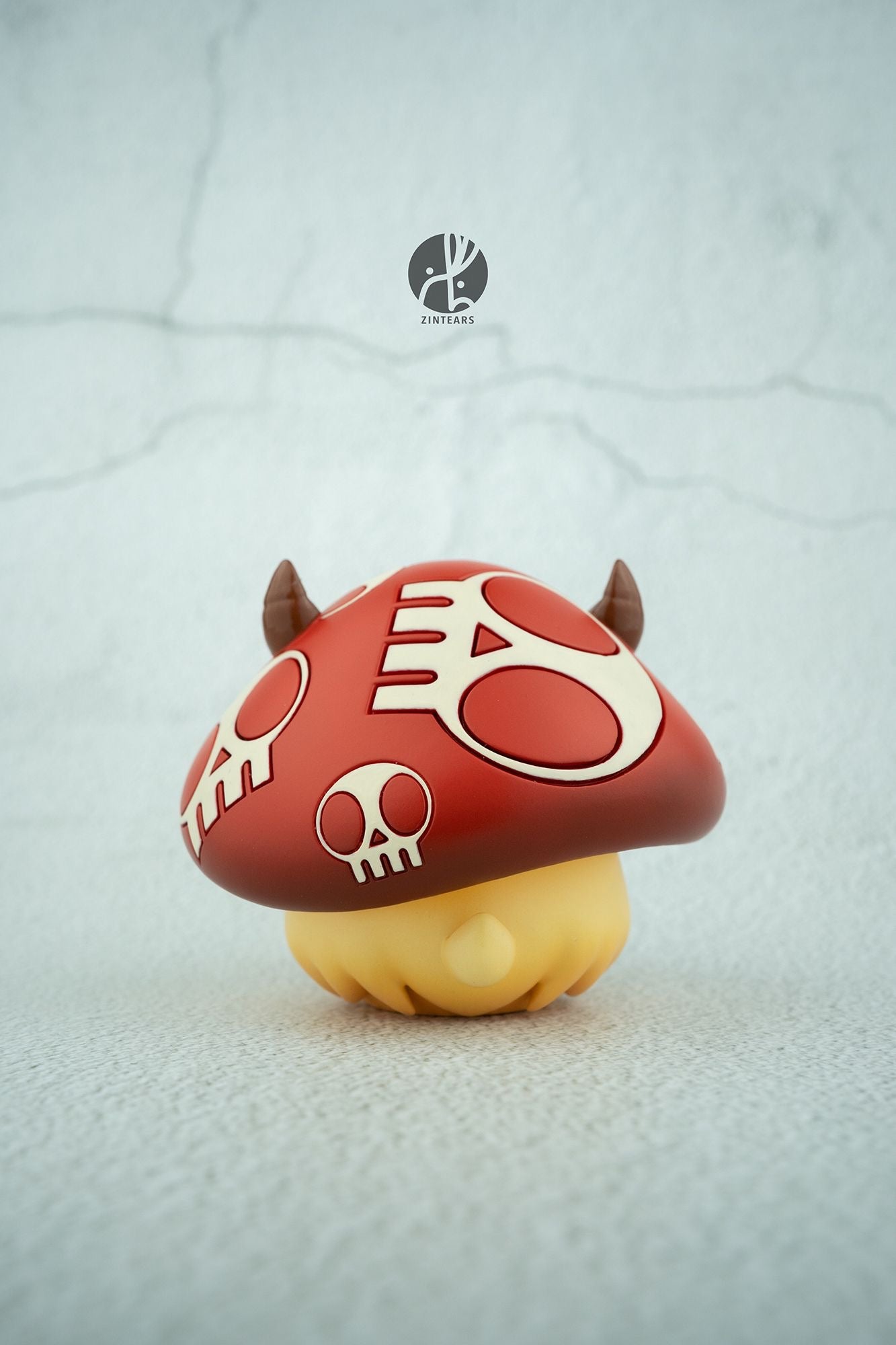 A blind box toy: Mushroom Bobbi by Zintears, a resin figurine with horns and skulls, 7 cm tall, limited to 50pcs.