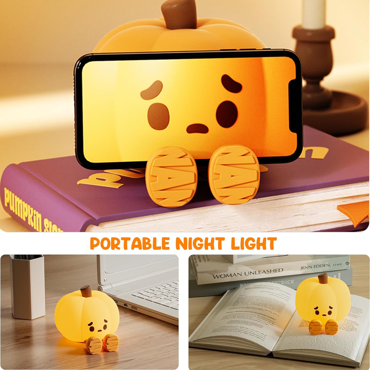 Emo Pumpkin Night Light: Capybara silicone toy on book. Indoor setting. Includes charging cable and manual. 800mAh battery, 9.5 hours high setting, 34 hours low setting.