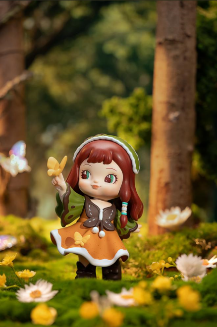 XAXX Robotime Rolife Charline Forest's Children Blind Box toy figurine, featuring a cartoon doll with a butterfly, set in a forest-themed scene.