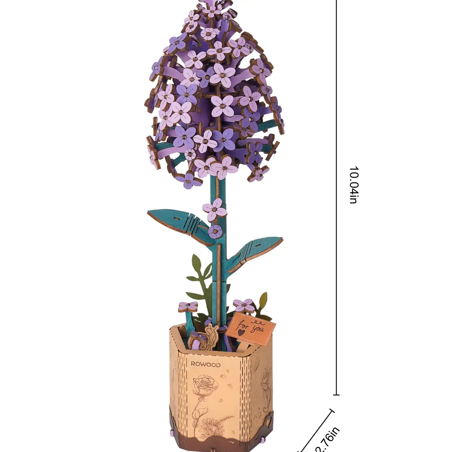 A wooden 3D puzzle of a lilac flower, inspired by nature. 96pcs, 30min assembly. Decorative and giftable. Dimensions: 9.6 x 6.5 x 0.3 in. From Strangecat Toys, a blind box and art toy store.