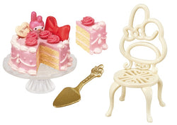 My Melody Kuromi Sweet Tea Party Re-ment Blind Box Series featuring a pink cake with a slice, rose-topped piece, gold server, and close-up chair.