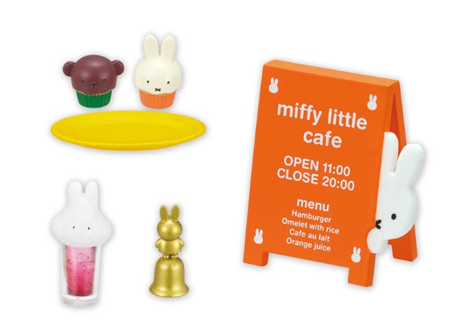 Miffy little cafe Re-ment Blind Box Series featuring a chocolate cupcake bear and bunny-shaped toy, part of a collectible art toy set.