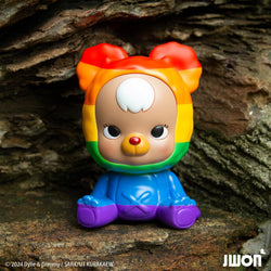 Alt text: Jrbo Rainbow Edition by JWON, a 10cm resin toy animal, sitting on a rock. Preorder, ships July 2024.