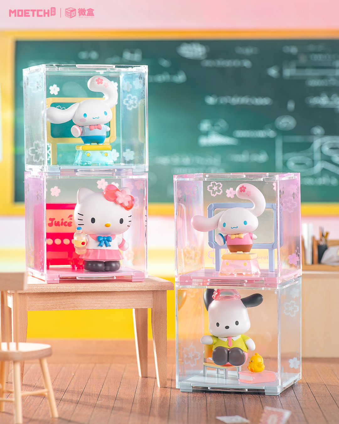 Sanrio characters Star Academy Series Mini Blind Box Pro featuring a variety of plastic toy figurines in a clear display case.