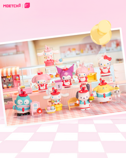 Sanrio characters 24-Hour Restaurant Series Mini Blind Box features toy figurines, including a rabbit and a girl with ice cream, in a kitchen setting.