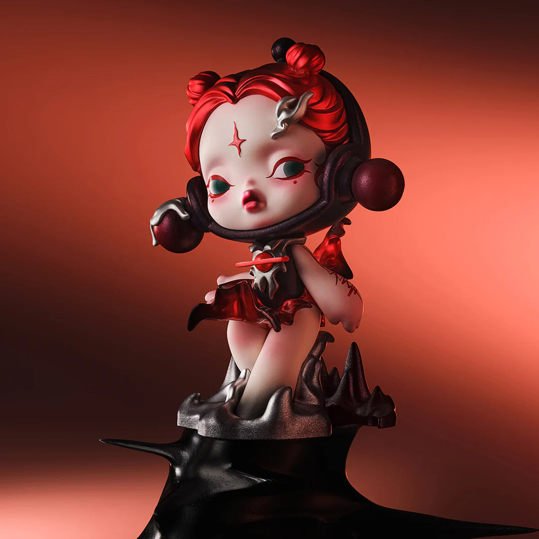 A SKULLPANDA The Sound Blind Box Series toy featuring a cartoon girl with red hair and headphones.