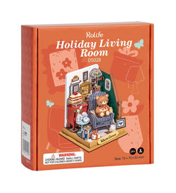 A blind box toy: Holiday Living Room Mini DIY House kit with easy assembly, no painting needed. Dimensions: 5.3 x 2.2 x 5.9 in. Teddy bear and chair included.