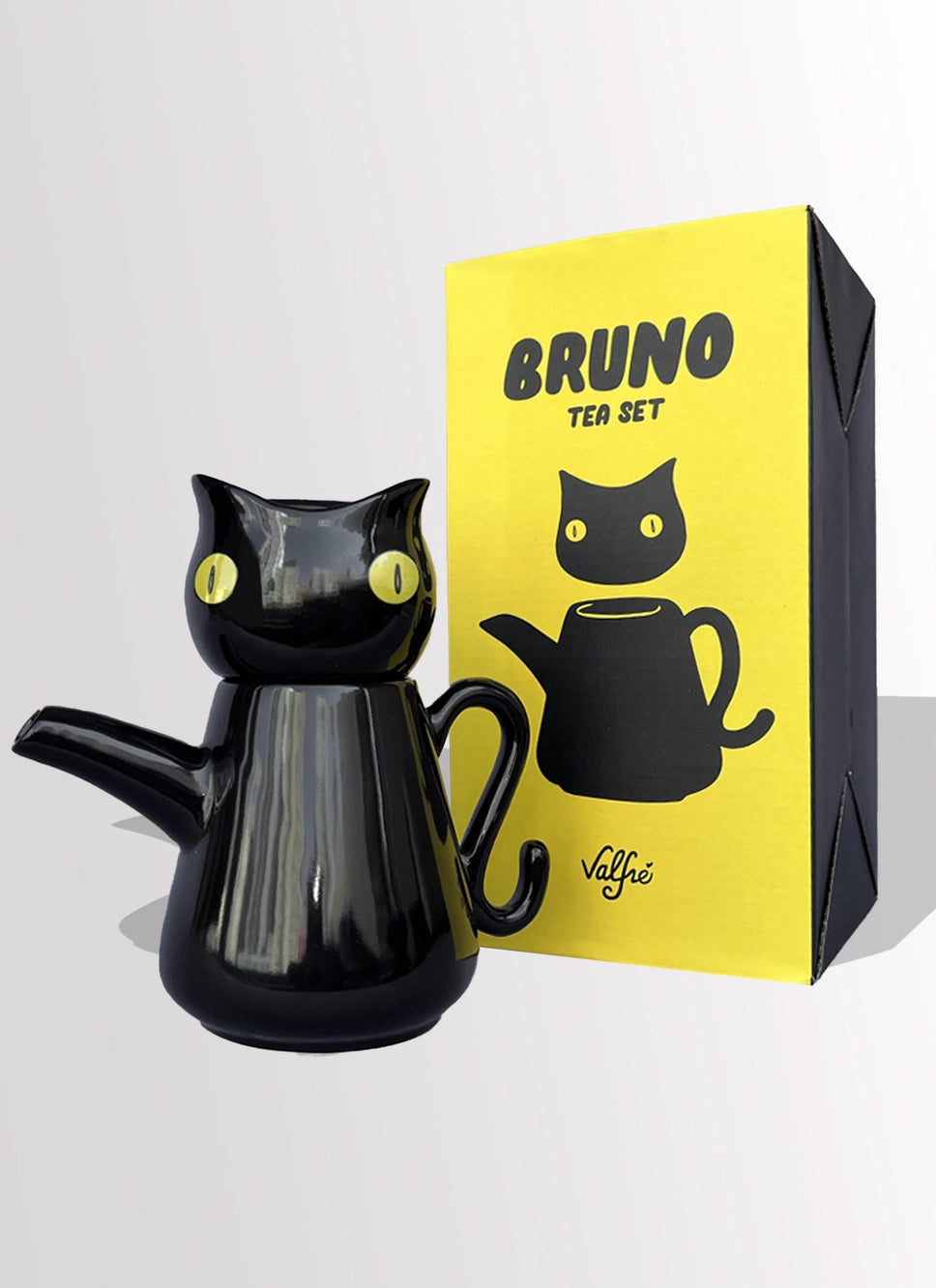 Bruno Ceramic Tea Set by Valfre: A cat-themed tea set with a teapot, cup, and custom gift box. Handmade and limited edition.