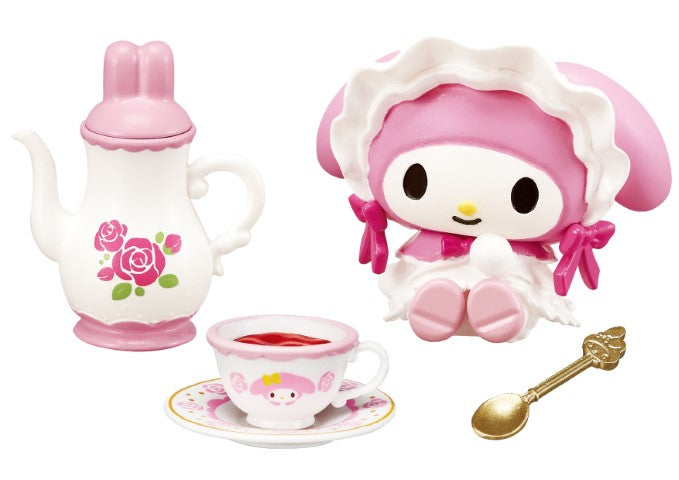 My Melody Kuromi Sweet Tea Party Re-ment Blind Box Series features a pink and white toy teapot with pink roses, highlighting its playful tea party theme.