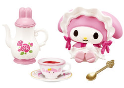 My Melody Kuromi Sweet Tea Party Re-ment Blind Box Series features a pink and white toy teapot with pink roses, highlighting its playful tea party theme.