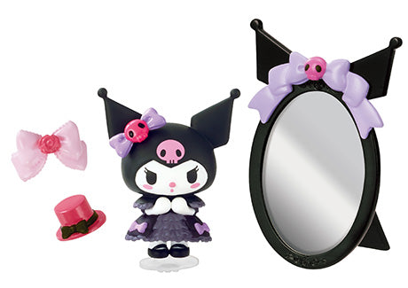 Toy figurine of a girl with a mirror and bow from Kuromi's Gothic Room - Re-ment Blind Box Series.