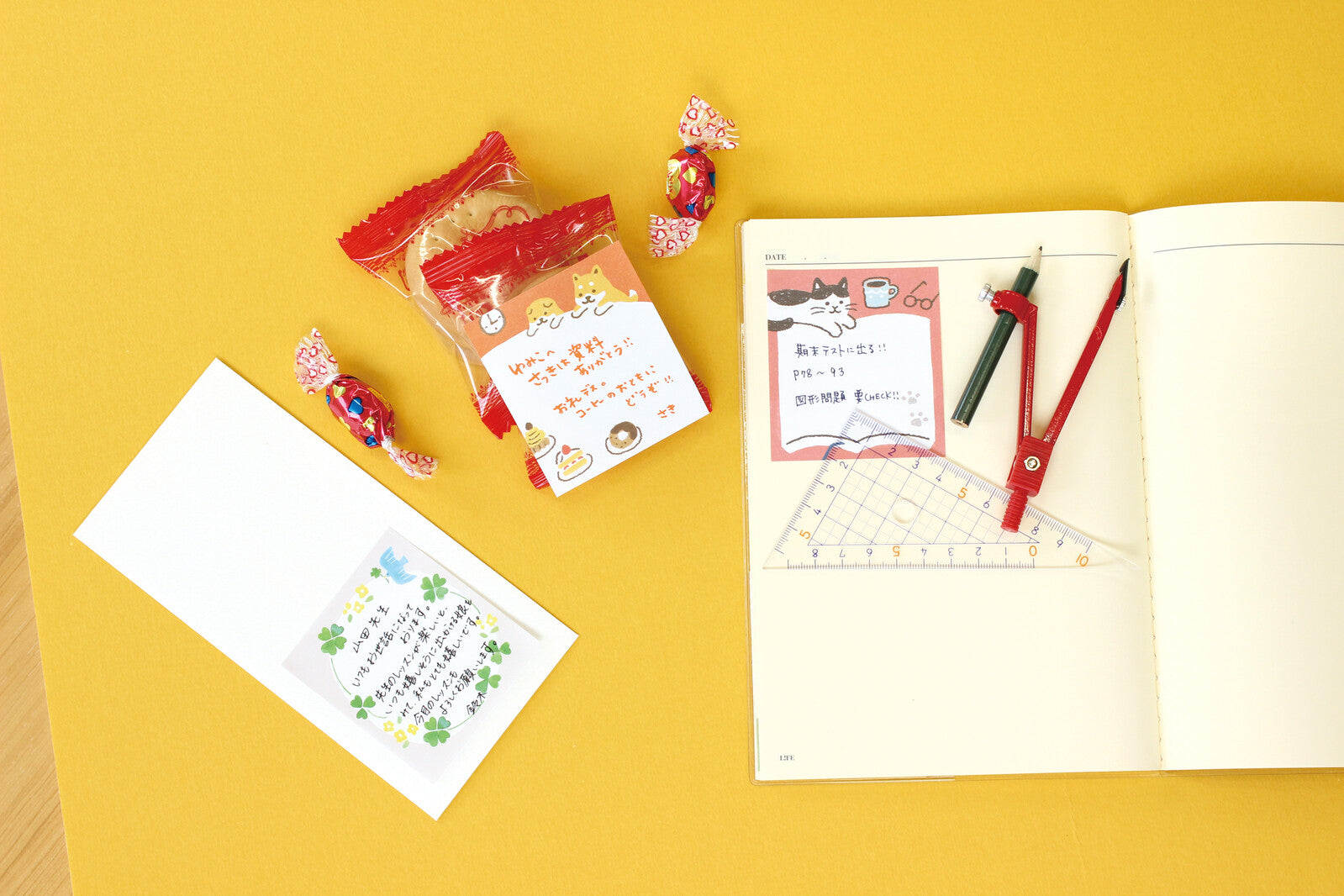 Sticky Notes Cat One Word Fusen: notebook with humorous sticky notes, a pencil, and candy, perfect for gifts or office use.