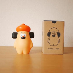 OHIGE no PON Original Japanese Sofubi toy, 12.7cm, with a mustache and hat, displayed beside its cartoon-character box. Limited to 25 pieces.