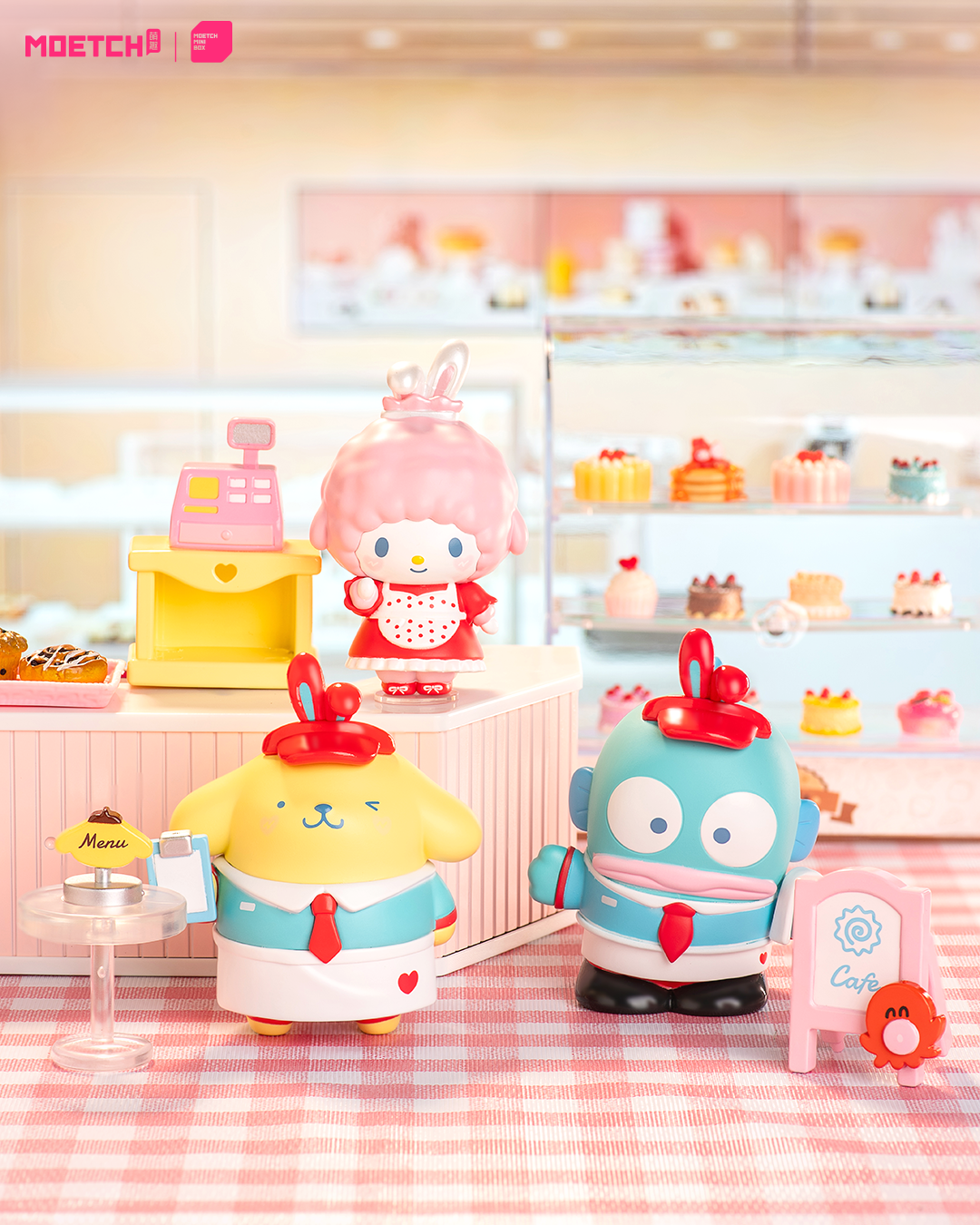 Sanrio characters 24-Hour Restaurant Series Mini Blind Box featuring toy figurines on a counter, part of Strangecat Toys' blind box and art toy collection.