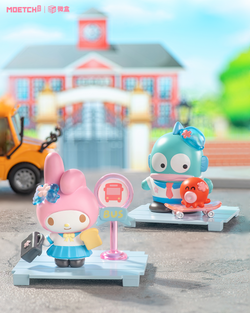 Sanrio characters Star Academy Series Mini Blind Box Pro featuring cartoon-style toys, including a toy truck, part of a collectible series with secret designs.