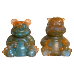 Two plastic hippos, High Spirits - Gumbearto and Hippie Pam Set, solid resin art toys by Fett Up Toys, 2.75 inches tall.