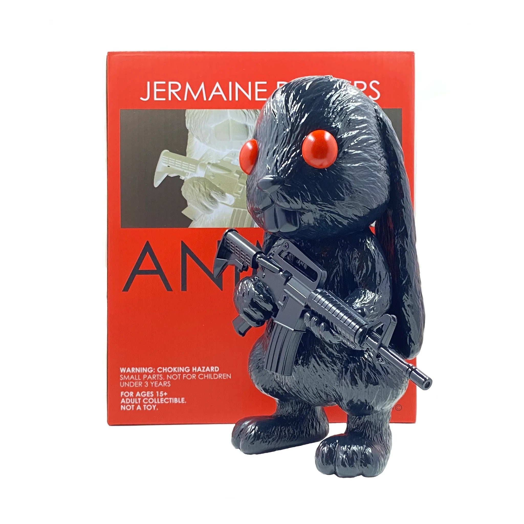 Designer vinyl art figure featuring a black toy rabbit holding a gun by Jermaine Rogers.