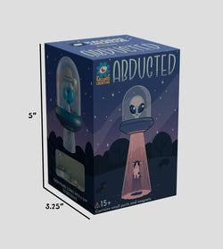 Abducted Blind Box featuring cartoon alien figures, UFO, and themed accessories from Strangecat Toys, includes art card and bumper stickers.