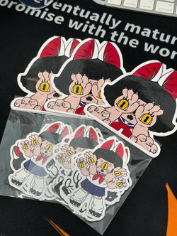 Momochan Sticker Set by Abao x Grape Brain, featuring cartoon characters on a black surface. Preorder available, ships August 2024.