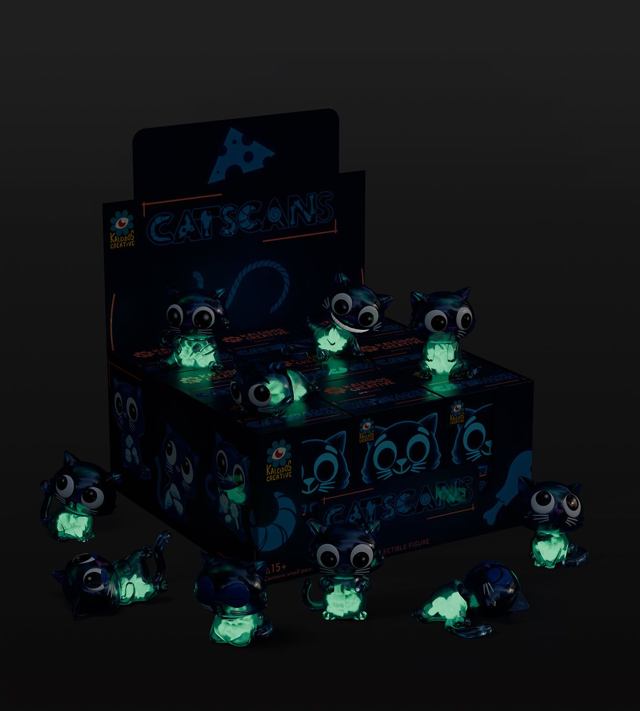 Catscans Blind Box featuring toy cats with glow-in-the-dark details, inspired by Charlie's unique story. Includes nine designs plus one secret variant.