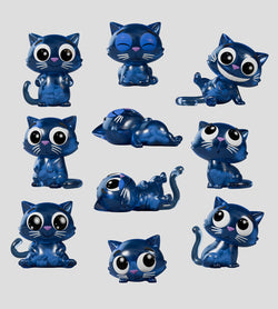 Catscans Blind Box features blue cat figurines with big eyes, showcasing Charlie's transparent state. Includes nine designs, one secret, and glow-in-the-dark elements.