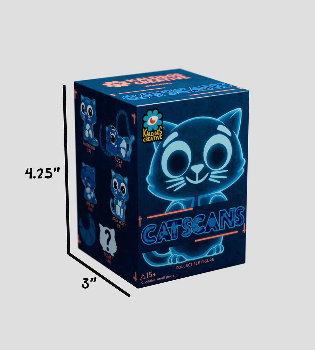 Catscans Blind Box featuring a cartoon cat on packaging, showcasing glow-in-the-dark food designs. Includes 9 common and 1 secret variant toy figures.