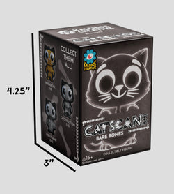 Catscans (Bare Bones) Blind Box featuring a cartoon cat with big eyes, packaged in a toy box. Includes six designs plus one secret variant.