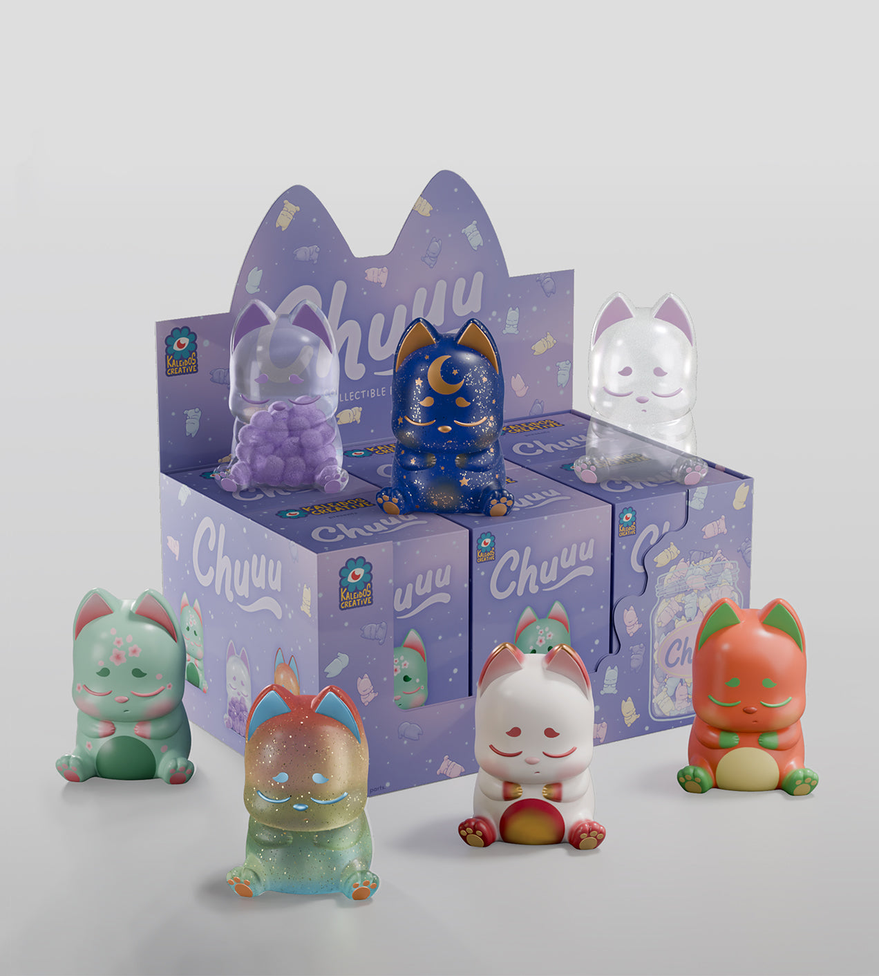 Chuuu Blind Box featuring various whimsical cat figurines, part of a magical collection with diverse designs, crafted from PVC.